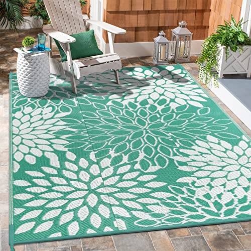 Anidaroel Outdoor Rugs 5x8ft for Patios Clearance Waterproof, Reversible Tropical Plastic Straw Camping Mat Outside Rug, Large Outdoor Area Rug for RV, Porch, Deck, Balcony, Picnic(5'x8') - color: Green/White Floral, size: 5' x 8' (Rectangular)