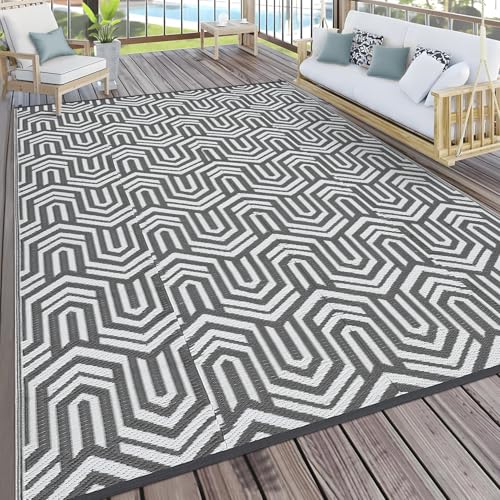 Waterproof Plastic Straw Outdoor Rug 9x18 Patio Reversible UV Resistant Foldable Camping Carpet Abstarct Line Large Outdoor Rugs for Deck, Picnic, Porch, Camper, Balcony, Beach，Grey/White - color: Abstarct - Grey/White, size: 9' x 18' (Rectangular)