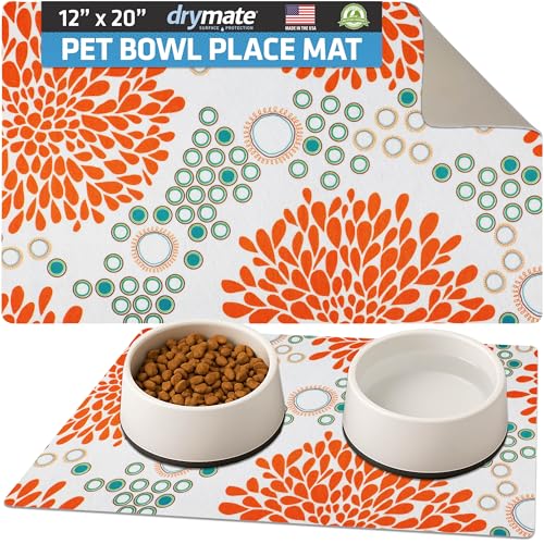 Drymate Pet Bowl Placemat, Dog & Cat Food Feeding Mats, 12x20, Rejuv Orange | Absorbent Fabric, Waterproof Backing, Slip-Resistant, Machine Washable, Contains Spills & Mess, Protects Floors, USA Made - color: Rejuvenation Orange & Turquoise, size: 20"L x