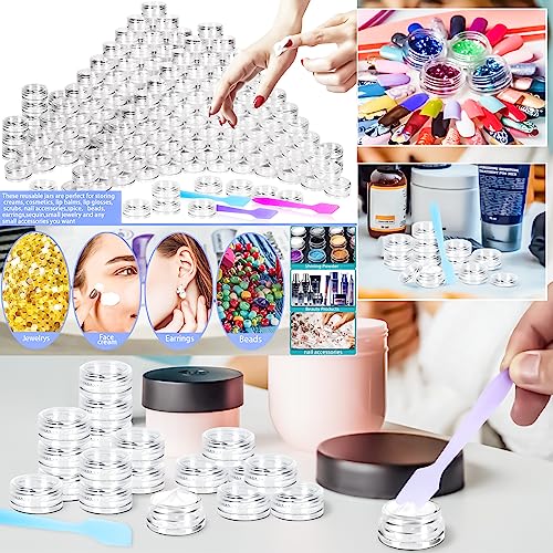 100 Pcs 3g Empty Plastic Containers with Lids,Tiny Makeup Sample Containers Small Pot Jars Clear Round Cosmetic Jars with 20 Pcs Mini Spatulas for Liquid Sample Powder Creams (Clear Lid) - color: Clear, size: 100PCS