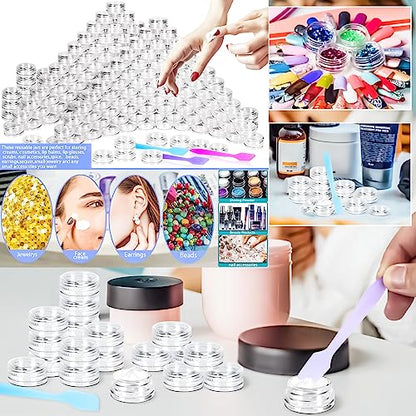 100 Pcs 3g Empty Plastic Containers with Lids,Tiny Makeup Sample Containers Small Pot Jars Clear Round Cosmetic Jars with 20 Pcs Mini Spatulas for Liquid Sample Powder Creams (Clear Lid) - color: Clear, size: 100PCS