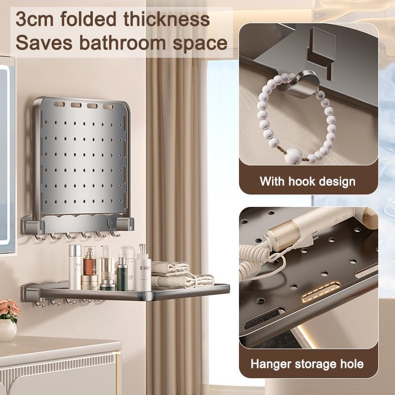 Folding Bathroom Wall Shelf, 6-Shelf Modern Aluminum Foldable Shelf, 15.7"L x 12.4"W x 4"H, Wall Mounted, For Bathroom, Kitchen, RV, Camper, Balcony
