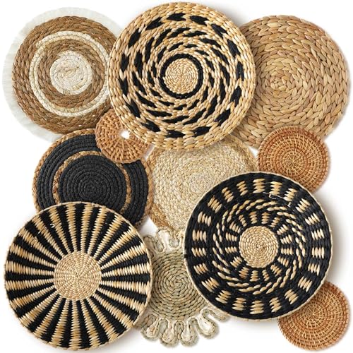11 Pcs Boho Hanging Wall Basket Decor Handmade Woven Basket Wall Decorative Boho Wicker Baskets Placemats Round Farmhouse Bulrush Art for Rustic Home Decorations Christmas Gift(Assorted) - style: Assorted