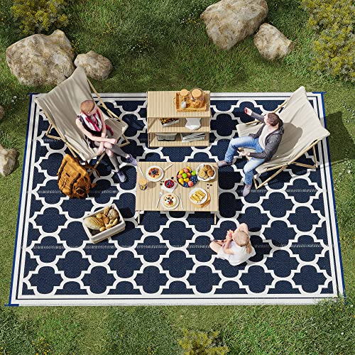 Outsunny Reversible Outdoor Rug, 9' x 12' Waterproof Plastic Straw Floor Mat, Portable RV Camping Carpet, Large Floor Mat for Backyard, Deck, Picnic, Beach, Blue & White - color: Dark Blue, White, size: 8'11" x 11'11" (Rectangular)
