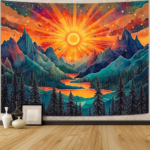 Zussun Vintage Sun Mountain Tapestry Hippie Boho Nature Forest Tree Wall Tapestry for Bedroom Aesthetic Sunset River Landscape Small Tapestries Wall Hanging for Dorm Living Room Decor 48 x 36 Inch - color: Yellow Green, size: 48"L x 36"W