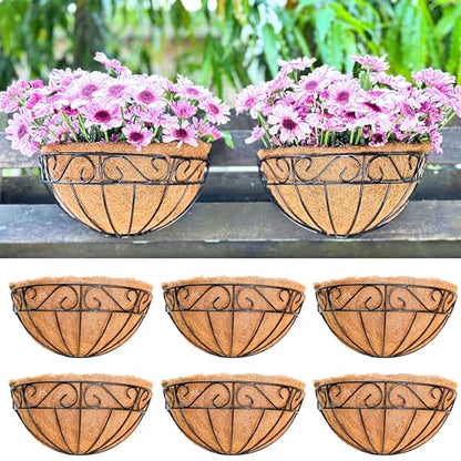 LaLaGreen Wall Hanging Planters, 6 Pack, 12 Inch Balcony Flower Baskets with Coco Liner Outside, Outdoor Vertical Garden, Fence Pots Holder Half Round Semi Circle Rail Railing Deck Porch Balcony Patio - size: 12" (30.5cm) x 6 Pack