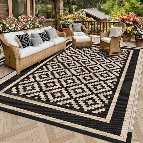 Kohree RV Outdoor Rug 8x10 Reversible, Waterproof Patio Mat with 4 Stakes & UV Fade Resistant, Non-Slip Outdoor Camping Mat for Deck, Picnic, Backyard, Includes Carry Bag (Black & Brown) - color: Black & Brown(diamond), size: 8' x 10' (Rectangular)