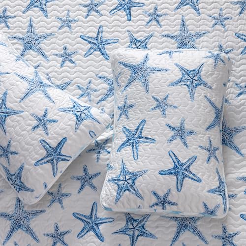 Great Bay Home Coastal Quilt Set - 3-Piece Full/Queen Size Nautical Bedding Set - Lightweight, All-Season, Reversible Starfish Bedspread (Blue) - color: Blue, size: Full / Queen