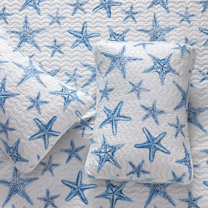 Great Bay Home Coastal Quilt Set - 3-Piece Full/Queen Size Nautical Bedding Set - Lightweight, All-Season, Reversible Starfish Bedspread (Blue) - color: Blue, size: Full / Queen