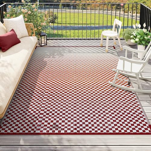 Wonnitar Waterproof 8x10 Outdoor Rug - Orange Red Ombre Checkered Patio Rug, Large Reversible Outside Mat for RV Deck Balcony, Lightweight Colorful Outdoor Camping Carpet - color: Orange-red, size: 8' x 10' (Rectangular)