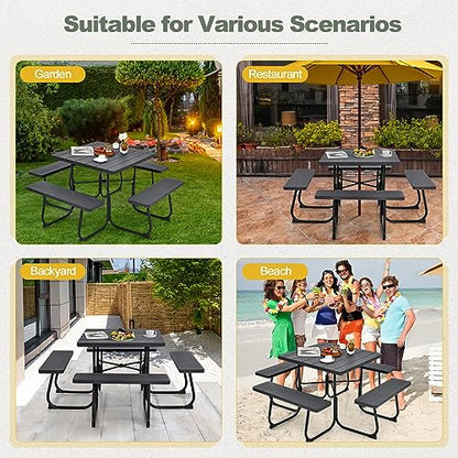 Tangkula 8 Person Picnic Table, Outdoor Square Picnic Table with 4 Built-in Benches, Umbrella Hole, Metal Frame & HDPE Tabletop, Outside Table and Bench Set for Backyard, 2300lbs Weight Capacity - color: Black