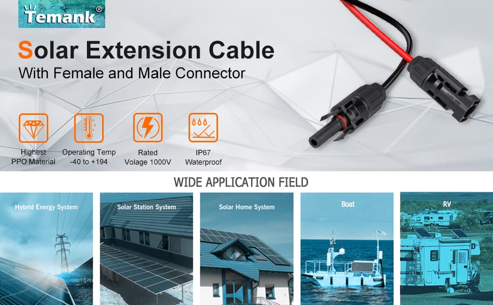 10AWG Solar Extension Cable 20Ft Red & Black, Both End with Universal Solar Connectors Plug & Play | Weatherproof PV Wire for RV, Boat, Off-Grid Systems