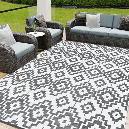 HUGEAR Outdoor Plastic Straw Rug, Waterproof Outdoor Rugs for Patios Clearance, Reversible Area Rug, Large Outside Carpet for Camping, Balcony, RV, Deck, 8x10ft Geometric/Gray&White - color: Geometric/Gray&white, size: 8' x 10' (Rectangular)