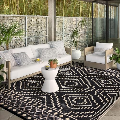 Wonnitar 8x10 Outdoor Rug, Large Waterproof Reversible Plastic Straw Rug for Patios, Indoor/Outdoor Area Rug Lightweight Camping Rug for Outside RV Balcony Garden Deck (Black & Beige,8'x10') - color: Black & Beige, size: 8' x 10' (Rectangular)