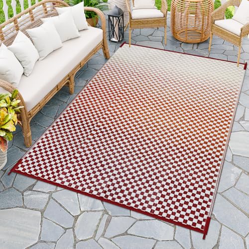 Wonnitar Waterproof Outdoor Rug 6x9 - Orange Red Gradient Checkered Camping RV Rug, Outside Patio Plastic Straw Mat for Balcony, Lightweight Reversible Portable Deck Carpet - color: Orange-red, size: 6' x 9' (Rectangular)