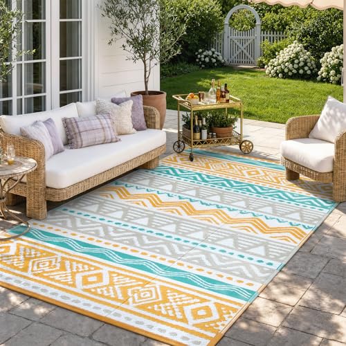 Lahome Outdoor Rug Waterproof, 5x8ft Reversible Outdoor Plastic Straw Rug for Camping Patio, RV Outdoor Rugs Outside, Outdoor Carpet for Porch Deck Backyard Balcony Picnic(Blue/Yellow,5'x 8') - color: Blue/Yellow, size: 5'x8'