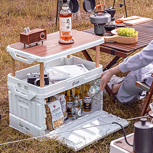Folding Storage Box, Outdoor Portable Campings Tent, PP Folding Box Table Equipment, Camping Box with Wooden Cover 95L for Camping,Home,Car Trunk, White