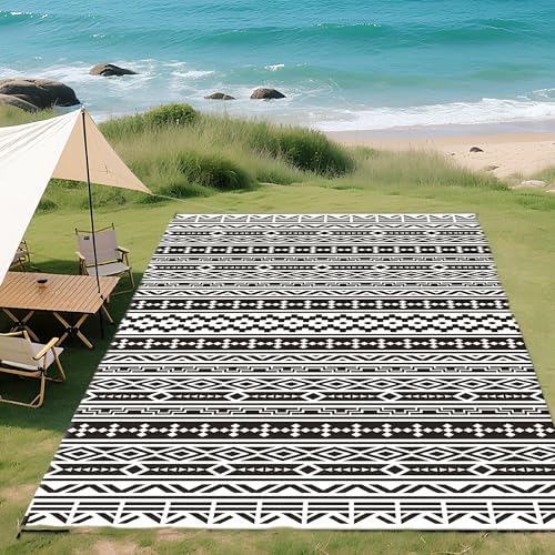 Outsunny Outdoor Rug for Patio, 9' x 18' Waterproof Large Mat, Reversible Plastic Straw Rug for Decor, Portable Outside RV Camping Area Carpet Mat for Backyard Porch Deck Picnic, Black White Geometric - color: Black and White Geometric Wall, size: 8'11" x