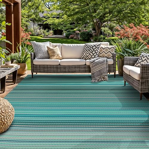 Rugshop Contemporary Stripe Reversible Crease-Free Waterproof Premium Recycled Plastic Outdoor Rugs for Patio,Backyard,RV,Deck,Picnic,Trailer,Beach,Camping Blue 7'10" x 10' - size: 7'10" x 10' (Rectangular)