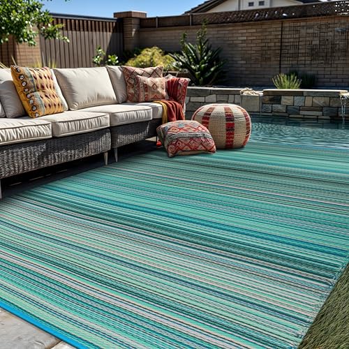 Rugshop Contemporary Stripe Reversible Crease-Free Waterproof Premium Recycled Plastic Outdoor Rugs for Patio,Backyard,RV,Deck,Picnic,Trailer,Beach,Camping Blue 7'10" x 10' - size: 7'10" x 10' (Rectangular)