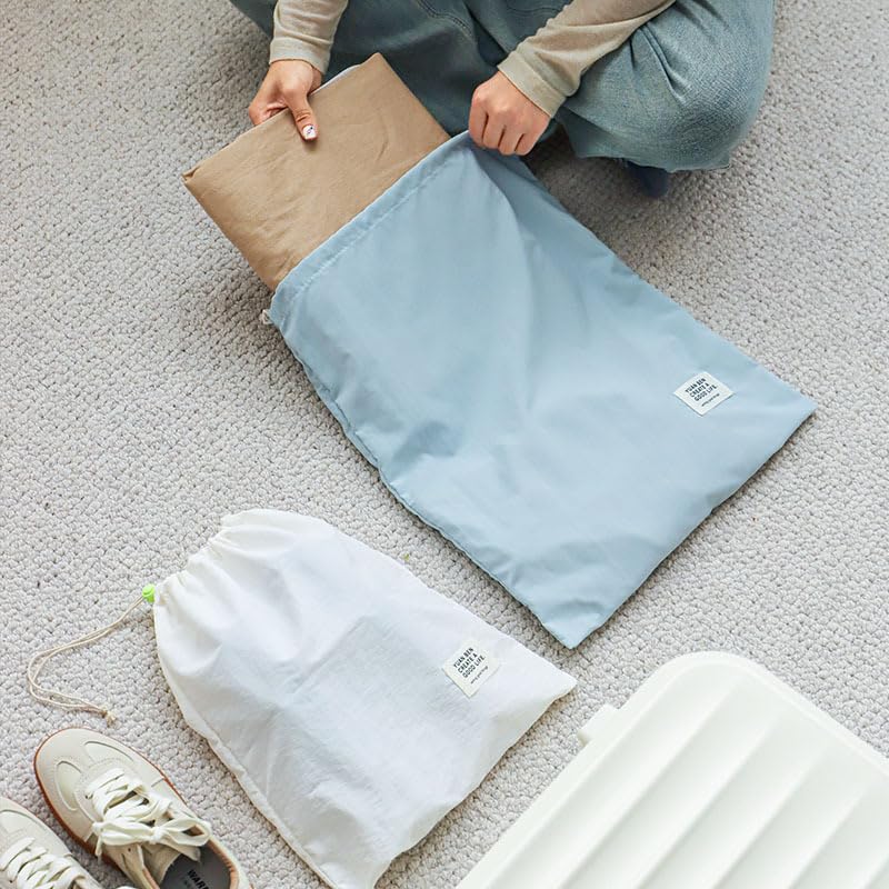 Waterproof Nylon Drawstring Storage Bag, Large Capacity Travel Organizer for Clothes Shoes, Portable Packing Cube (White)