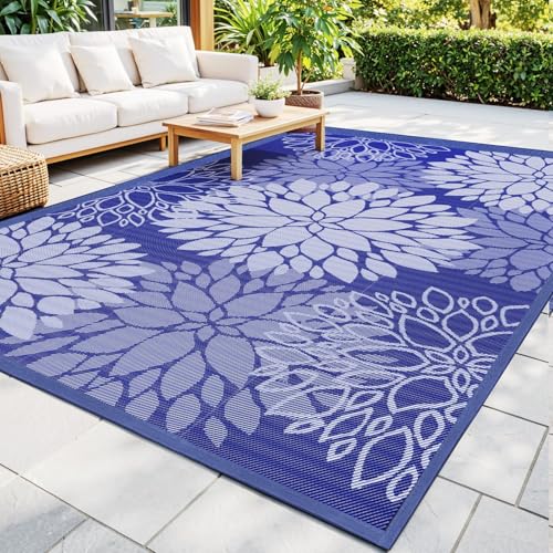 Mattitude Outdoor Rug 5' x 8' Waterproof, Reversible Portable Plastic Straw Area Rugs, Patio Carpet for RV Camping, Porch, Deck, Backyard, Camper, Pool, Picnic, Blue & White - size: 5' x 8' (Rectangular)