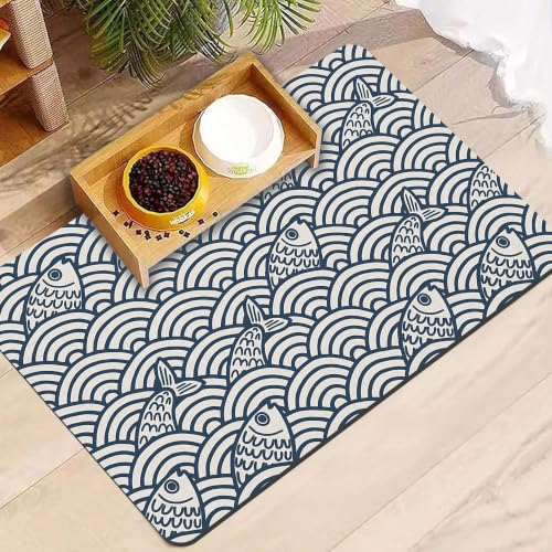 Cat Food Mat, Absorbent Pet Feeding Mat for Dogs and Cats, Abstract Sea Wave Non-Slip Quick Dry Dog Bowl Mat, Floor Protector for Food and Water Bowls (12x20in) - color: Fish, size: 12x20in