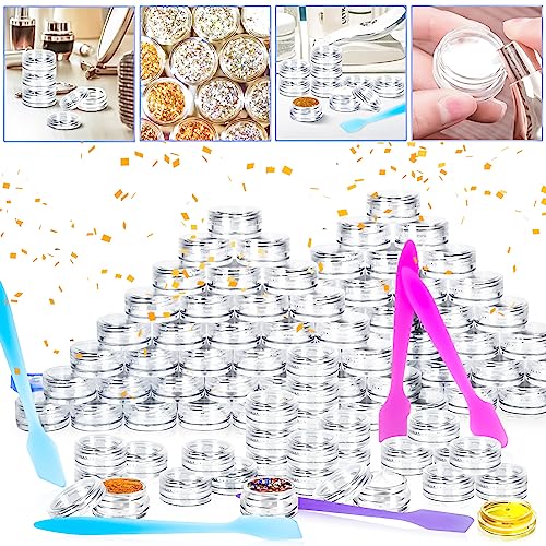 100 Pcs 3g Empty Plastic Containers with Lids,Tiny Makeup Sample Containers Small Pot Jars Clear Round Cosmetic Jars with 20 Pcs Mini Spatulas for Liquid Sample Powder Creams (Clear Lid) - color: Clear, size: 100PCS