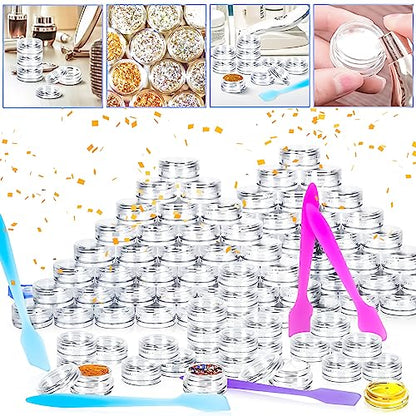 100 Pcs 3g Empty Plastic Containers with Lids,Tiny Makeup Sample Containers Small Pot Jars Clear Round Cosmetic Jars with 20 Pcs Mini Spatulas for Liquid Sample Powder Creams (Clear Lid) - color: Clear, size: 100PCS