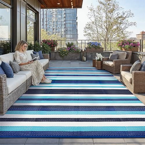 HUGEAR Outdoor Waterproof Rug 10'x14' Plastic Straw Rugs Washable Reversible Floor Mat Blue Stripe Carpet for Camping RV Deck Entryance Porch Picnic Balcony Beach Backyard - color: Stripe/Blue&white, size: 10' x 14' (Rectangular)