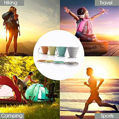 ME.FAN Silicone Collapsible Travel Cup - Silicone Folding Camping Cup with Lids - Expandable Drinking Cup Set - Portable, Graduated [9.22oz] - color: 4 Pack-Powderblue-Light Gray-Yellow Green-Light Brown