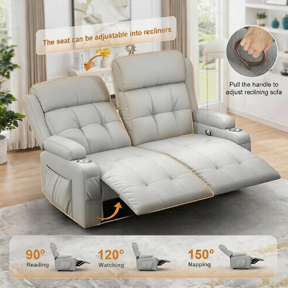 Reclining Loveseat, 55.1" RV PU Leather Wall Hugger Recliner Love Seats Sofa with Charging Station, Removable Armrest, Cup Holder, Double Recliners Couch, Manual Love Seat for Living Room - color: Light Gray, size: Hera - Loveseat