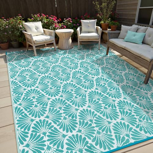 Lahome Outdoor Plastic Straw Rugs 8x10 Waterproof, Reversible Rv Outdoor Rugs for Camping, Large Outside Carpet for Camper Picnic Beach Pool Patio Deck, Teal 8'x10' - color: Teal, size: 8' x 10' (Rectangular)