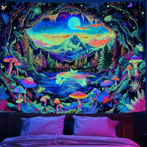 Zussun Blacklight Mushroom Forest Tapestry UV Reactive Nature Mountain Moon Butterfly Tapestry for Bedroom Aesthetic Landscape Large Tapestries Wall Hanging for Dorm Living Room Decor 80 x 60 Inch - color: Warm Yellow, size: 80"L x 60"W