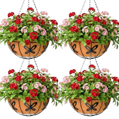 14 inch Metal Hanging Baskets For Plants Outdoor 4 Pack Round Metal Wire Hanging Basket Planter with Coco Fiber Liners Chain Round Wire Plant Holder for Garden, Patio, Deck, Porch Plants Flower Potss - size: 14 Inch, style: Butterfly