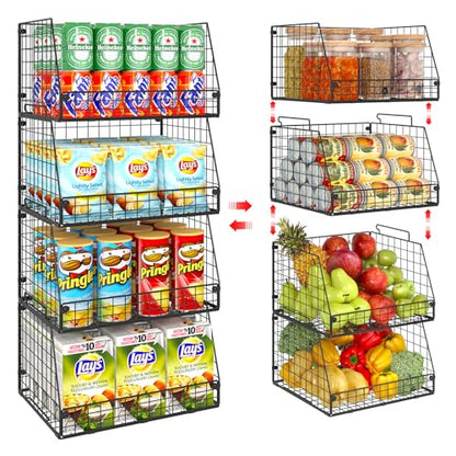 Jakyitvi 4 Pack XXL Stackable Wire Storage Basket, Extra Large Capacity Pantry Organizer and Storage, Muti-Purpose for Vegetable Fruit Basket & Can Organizer & Snack Rack & Metal Pantry Bin - size: 4 Pack