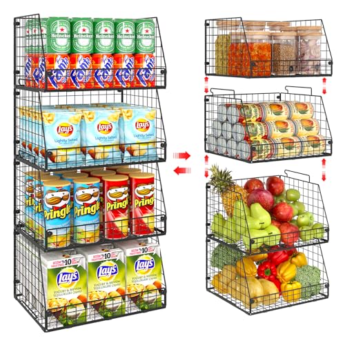 Jakyitvi 4 Pack XXL Stackable Wire Storage Basket, Extra Large Capacity Pantry Organizer and Storage, Muti-Purpose for Vegetable Fruit Basket & Can Organizer & Snack Rack & Metal Pantry Bin - size: 4 Pack