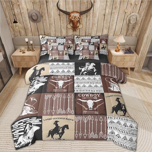 Erosebridal Country Western Bedding Sets Tribe Geometric Aztec Comforter Set 7 Piece Bed in a Bag Twin,Cowboy Horse Sheet Set with Comforter,Gothic Bull Skull Cowgirl Southwestern Decor,Black Brown - color: Black Brown, size: Twin