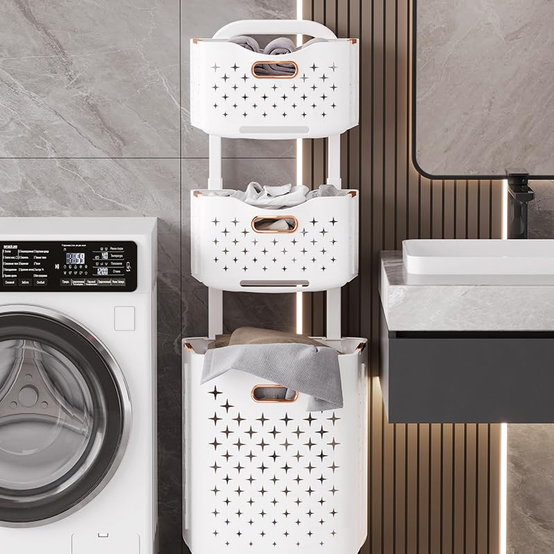 Collapsible Laundry Basket Organizer, 3-Tier Foldable Laundry Sorter with Wheels & Wall Mount, Space-Saving Slim Laundry Hamper with Removable Bins,100L Capacity for Bathroom, Dorm & Small Spaces - size: 3-Tier