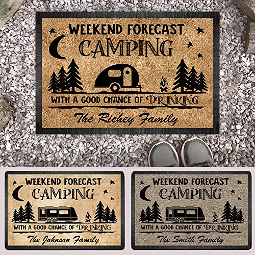 Personalized Campsite Doormat - Weekend Forecast Camping with A Good Chance of Drinking - Custom Family Name Camping Door Mat, RV Accessories for Inside Outside, Funny Rugs Decor for Travel Trailers - color: Style 15