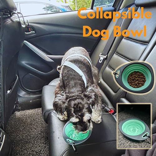 Dog Travel Kit 8PC Seat Belt Leash Barrier Net Bowl Hooks Set | Pet Car Accessories Essentials Kit, Adjustable Seat Belt Leash, Portable Collapsible Bowl, Dog Net Barrier, Headrest Hooks