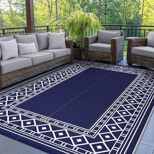 GENIMO Outdoor Rug Waterproof for Patio Decor, 5'x8' Reversible Plastic Straw Rug Carpet, Camping Mats for Outdoor, RV, Backyard, Deck, Balcony, Picnic, Blue & White - color: Navy Blue & White, size: 5' x 8' (Rectangular)