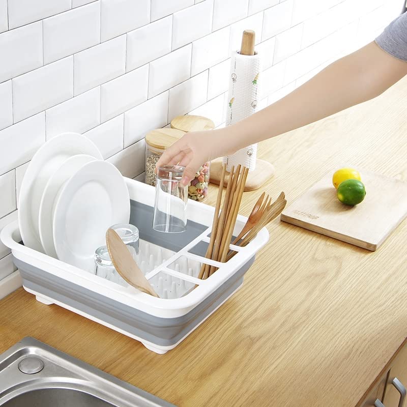 J&V TEXTILES Collapsible Dish Drying Rack - Popup for Easy Storage, Drain Water Directly into The Sink, Room for Eight Large Plates, Sectional Cutlery and Utensil Compartment, Compact (Gray) - color: Gray