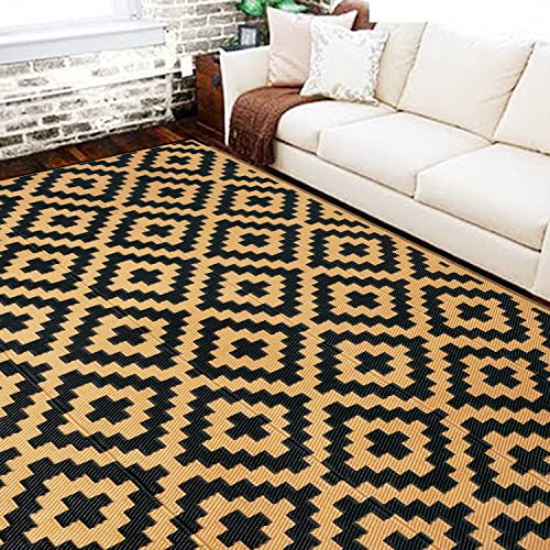 SAND MINE Reversible Mats, Plastic Straw Rug, Modern Area Rug, Large Floor Mat and Rug for Outdoors, RV, Patio, Backyard, Deck, Picnic, Beach, Trailer, Camping, Black & Brown, 6' x 9' - color: Black & Brown, size: 6' x 9'