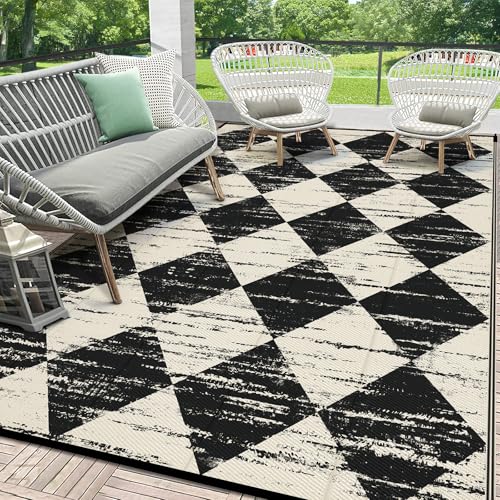 HEBE Checkered Outdoor Rug Waterproof 8x10, Reversible Plastic Straw Rug RV Camping Rug, Indoor Outdoor Patio Mat Clearance, Outside Carpet for Porch, Deck, Camper, Balcony, Backyard, Picnic - color: Beige/Black, size: 8' x 10' (Rectangular)