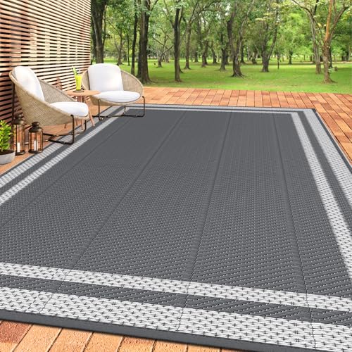 HappyTrends,Outdoor Rug,Patio Rug,Reversible Portable Plastic Straw Rug,Camping Rugs for Outside RV,Large Waterproof Area Rugs for Patio,Deck,Picnic,Porch,Balcony(6'x 9',White&Gray) - size: 6' x 9' (Rectangular)