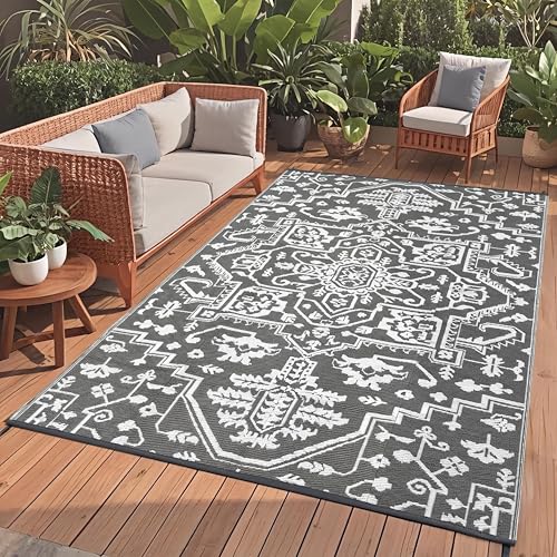 GAOMON 9x12 Vintage Floral Outdoor Rug for Patio Waterproof Boho Reversible Plastic Straw Rug Retro Camping Picnic Rug Fold Portable Carpet for Patio RV Deck Balcony Backyard Beach,Gray White - color: Vintage | Grey White, size: 9' x 12' (Rectangular)