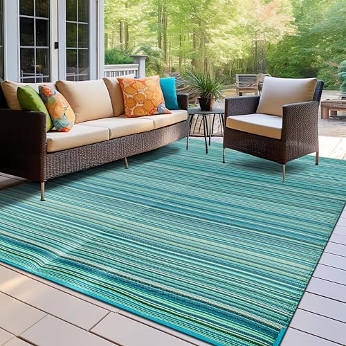 Rugshop Contemporary Stripe Reversible Foldable Waterproof Premium Recycled Plastic Outdoor Rugs for Patio,Backyard,RV,Deck,Picnic,Trailer,Beach,Camping 9' X 12' Blue - size: 9' x 12' (Rectangular)