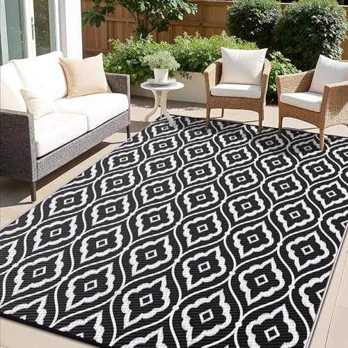 OLANLY Outdoor Rug 5x8 ft Waterproof, Outdoor Plastic Straw Rug with Geometric Pattern Clearance, Reversible RV Mat for Patio, Camping, Balcony, Deck, Backyard, Black & White - color: Black & White, size: 5' X 8' (Rectangular)