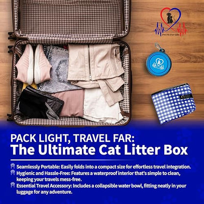 Pet Fit For Life - Vibrant Collapsible Travel Cat Litter Box - Portable, Foldable, Compact Design with Bonus Water Bowl - Ideal for Car & Camping - Reusable, Cats Safe - Blue, (16"x12"x5") - color: Blue